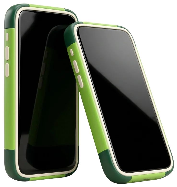 Two glossy three dimensional phones leaning together