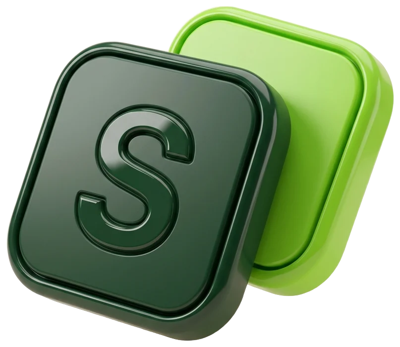 Two glossy three dimensional icon tiles, the front one embossed with an S