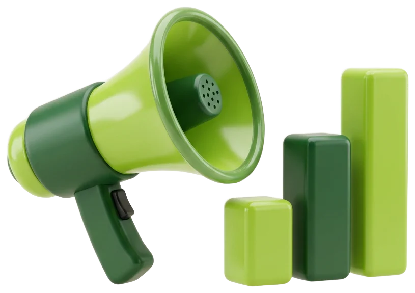 A glossy three dimensional megaphone beside rising bars
