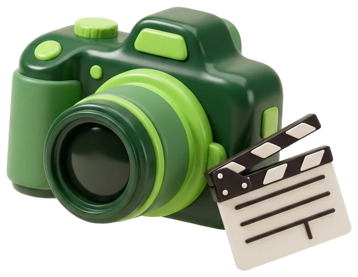 A glossy three dimensional camera beside a clapperboard